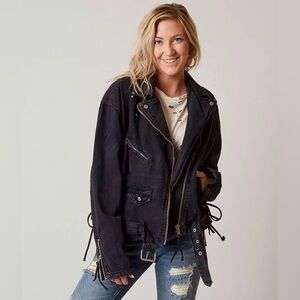 Free People Rebel Knit Oversized‎ Moto Jacket in black denim